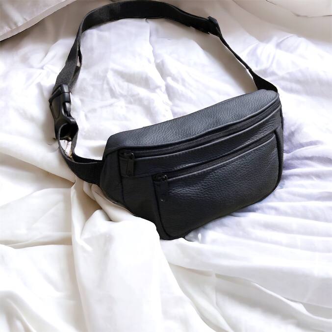 Кожаная качественная бананка мужская - женская сумка, черная сумка из кожи