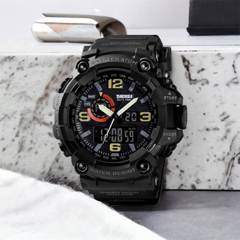 Часы наручные мужские SKMEI 1520BK BLACK, армейские часы противоударные. Цвет: черный