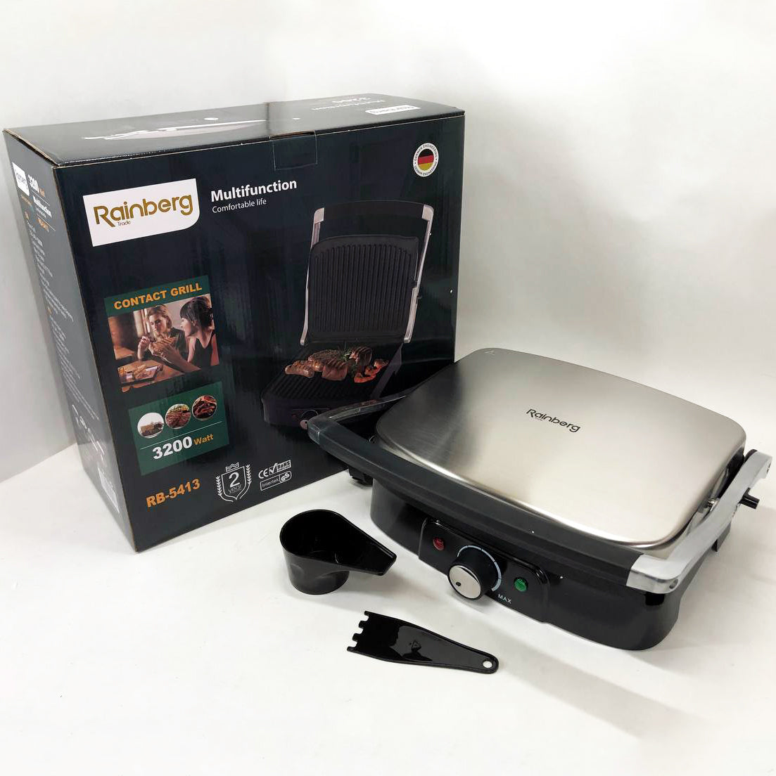 Гриль прижимной Rainberg RB-5413 терморегулятор антипригарный 3200 Вт нержавеющая сталь