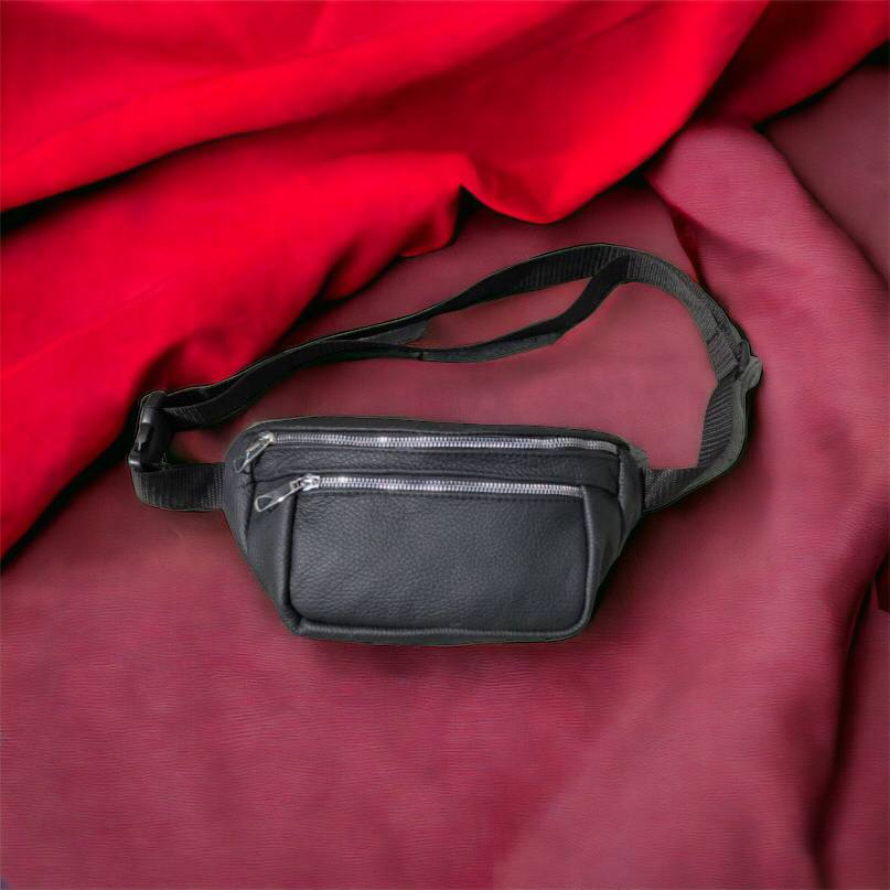 Бананка из натуральной кожи, сумка мужская-женская барсетка черная c серебряным замком