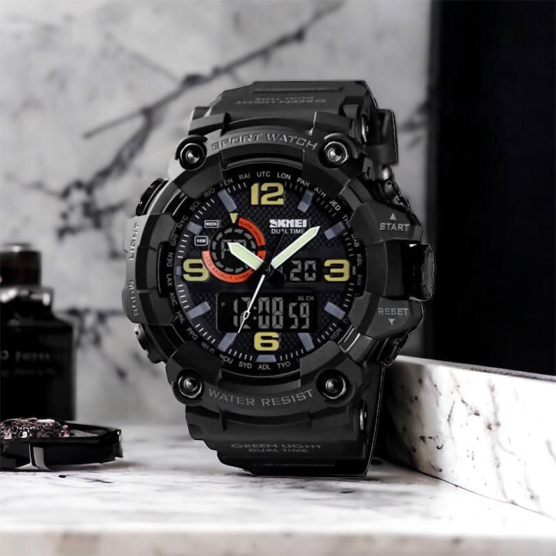 Часы наручные мужские SKMEI 1520BK BLACK, армейские часы противоударные. Цвет: черный