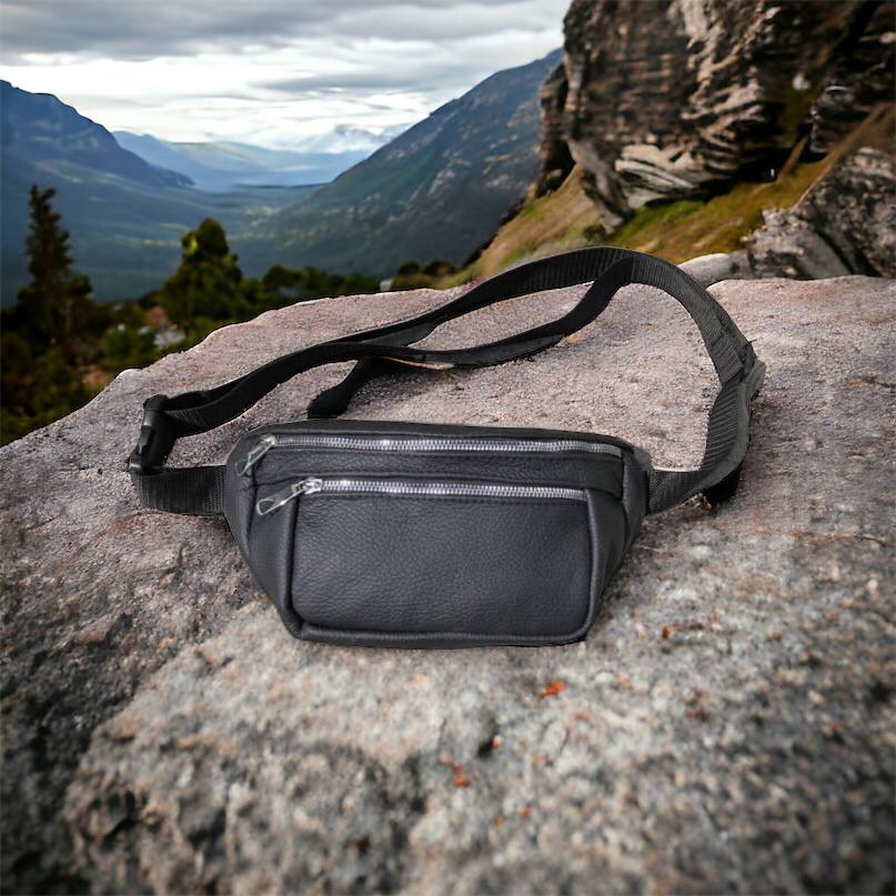 Бананка из натуральной кожи, сумка мужская-женская барсетка черная c серебряным замком