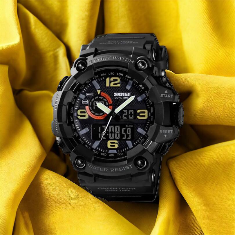 Часы наручные мужские SKMEI 1520BK BLACK, армейские часы противоударные. Цвет: черный