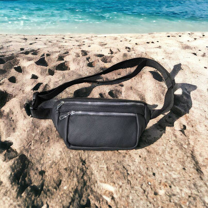 Бананка из натуральной кожи, сумка мужская-женская барсетка черная c серебряным замком