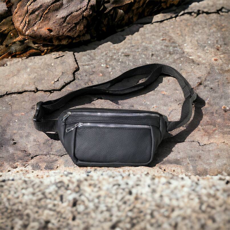 Бананка из натуральной кожи, сумка мужская-женская барсетка черная c серебряным замком