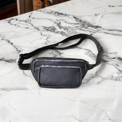 Бананка из натуральной кожи, сумка мужская-женская барсетка черная c серебряным замком