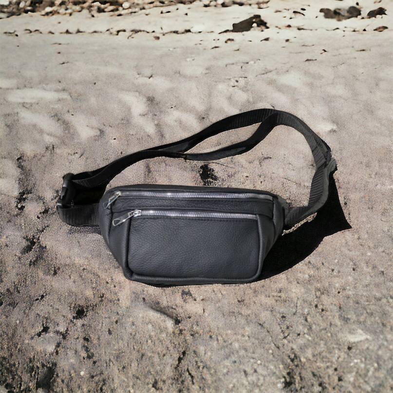 Бананка из натуральной кожи, сумка мужская-женская барсетка черная c серебряным замком