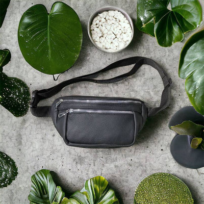 Бананка из натуральной кожи, сумка мужская-женская барсетка черная c серебряным замком