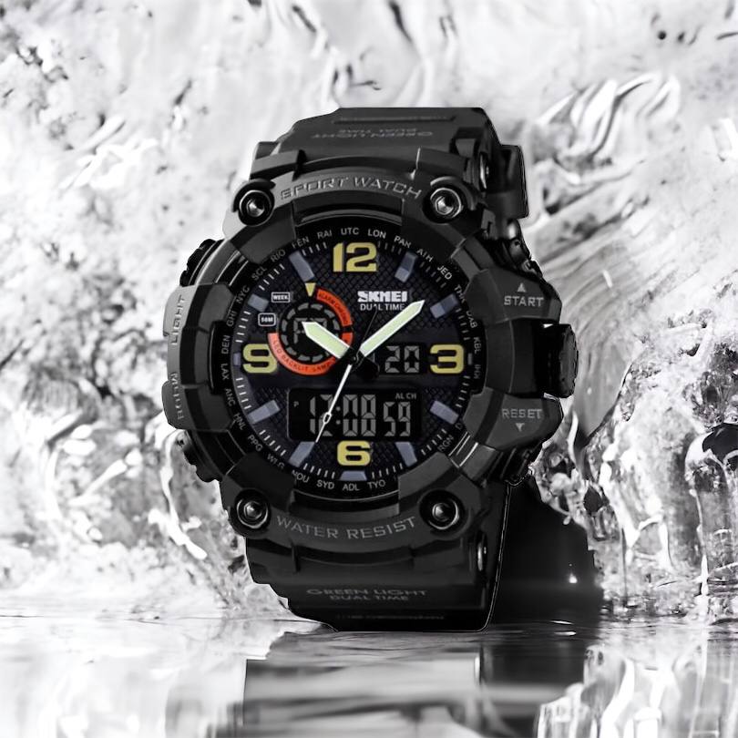 Часы наручные мужские SKMEI 1520BK BLACK, армейские часы противоударные. Цвет: черный