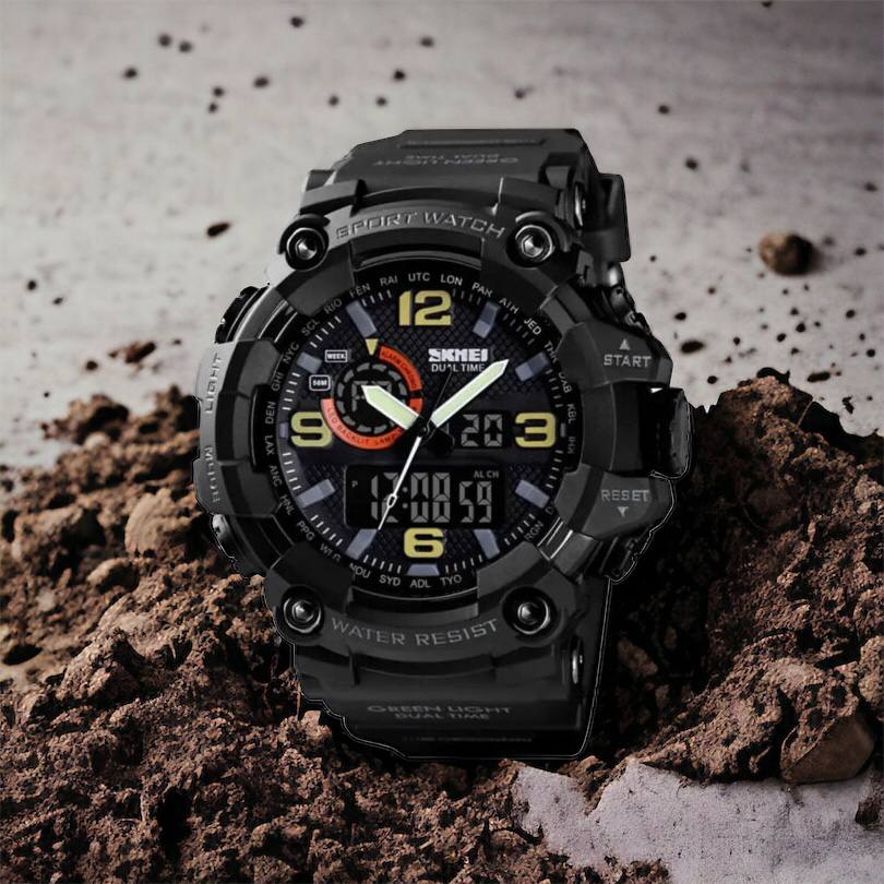 Часы наручные мужские SKMEI 1520BK BLACK, армейские часы противоударные. Цвет: черный