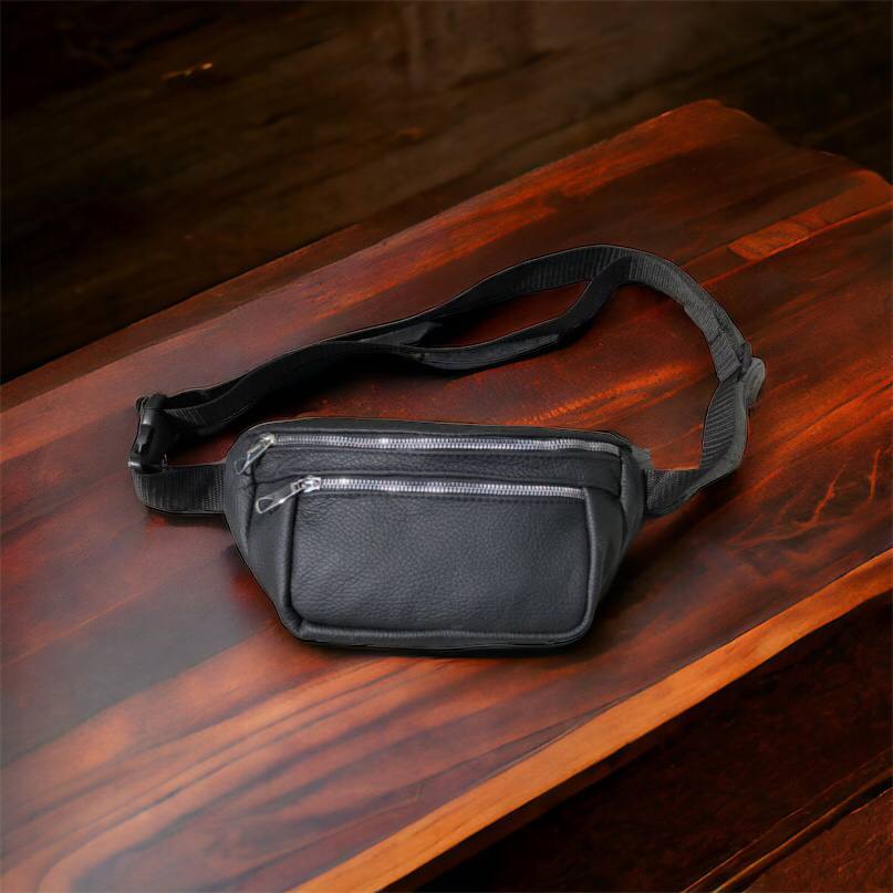 Бананка из натуральной кожи, сумка мужская-женская барсетка черная c серебряным замком