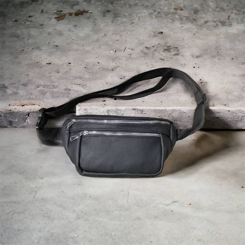 Бананка из натуральной кожи, сумка мужская-женская барсетка черная c серебряным замком