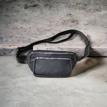 Бананка из натуральной кожи, сумка мужская-женская барсетка черная c серебряным замком