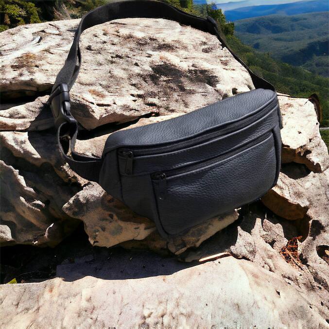 Кожаная качественная бананка мужская - женская сумка, черная сумка из кожи