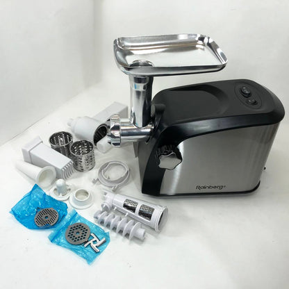 Электрическая мясорубка Rainberg RB-673 с соковыжималкой и шинковкой 9 насадок 3000W с реверсом