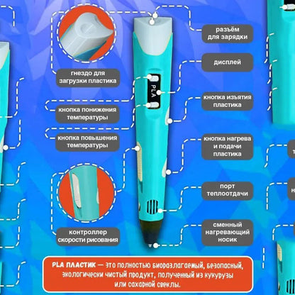 3D ручка Smart 3D Pen 2 c LCD дисплеем, Интересная ручка 3д для детей, Оригинальная. Цвет: голубой