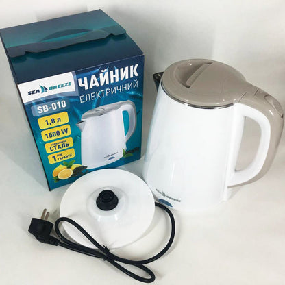 Электрочайник SeaBreeze SB-010 / 1,8 Л / Металлический, чайник дисковый, электронный чайник