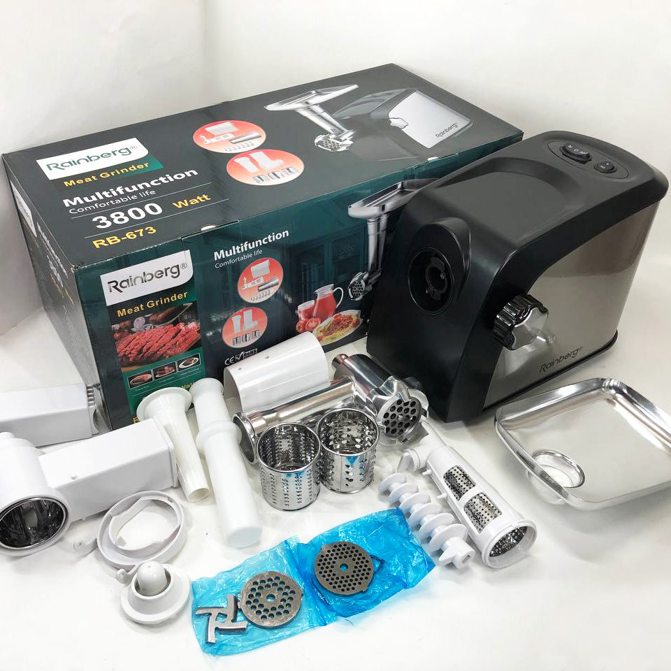 Электрическая мясорубка Rainberg RB-673 с соковыжималкой и шинковкой 9 насадок 3000W с реверсом