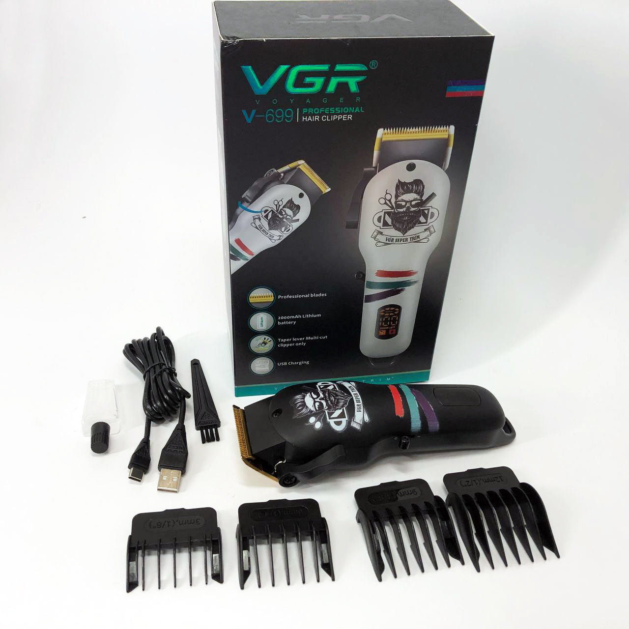 Машинка для стрижки волос и бороды профессиональная VGR V-699 с насадками и LED дисплеем. Цвет: черный