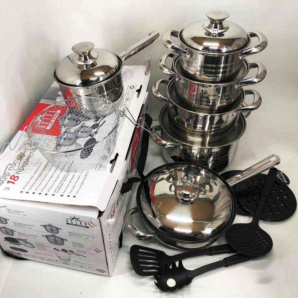 Набор посуды 18 предметов ASTRA A-2518, кастрюли из нержавейки, кастрюли с крышками, хорошие кастрюли
