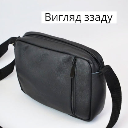 Стильна чоловіча сумка-месенджер із натуральної шкіри флотар, чорного кольору, чоловічі сумки через плече
