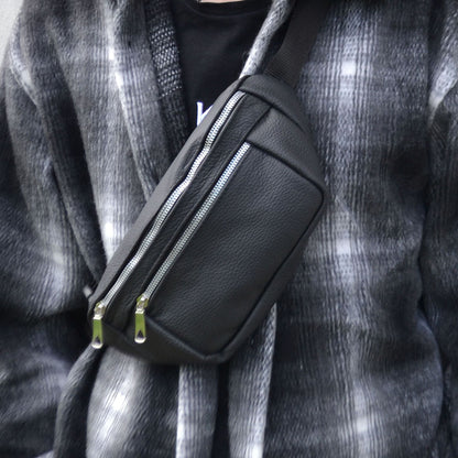 Бананка из натуральной кожи, сумка мужская-женская барсетка черная c серебряным замком