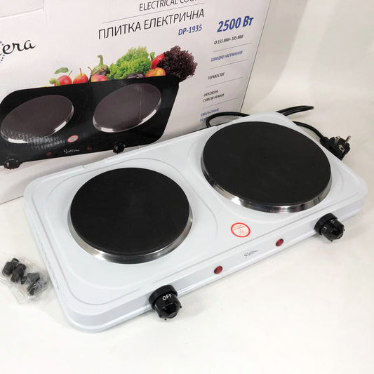 Плитка электрическая Suntera DP-1935W, 2500W, 2 конфорки разного диаметра, 2 конфорки. Цвет: белый