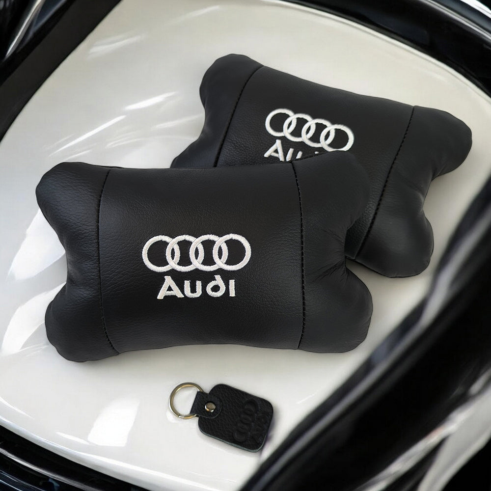 Набор автодушки 2шт на подголовник Audi / Ауди из натуральной кожи черная / Подголовник в машину
