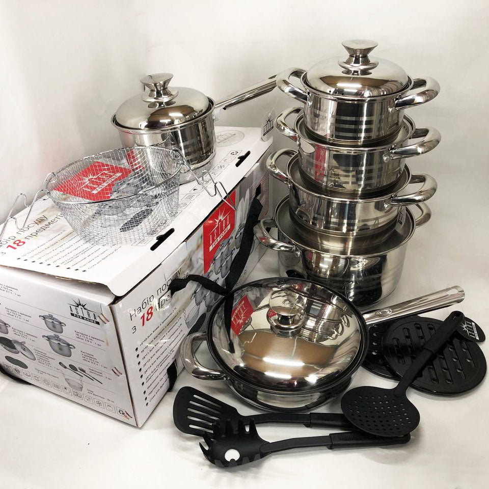 Набор посуды 18 предметов ASTRA A-2518, кастрюли из нержавейки, кастрюли с крышками, хорошие кастрюли