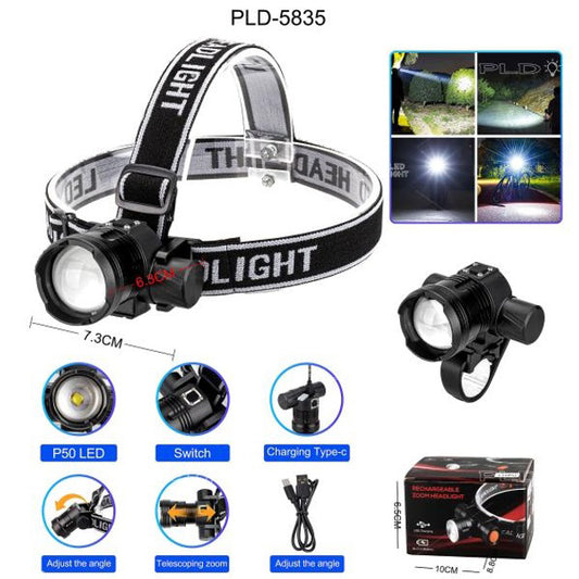 Фонарь налобный PLD-5835-P50 с велокреплением, фонарь аккумуляторный для рыбалки, водонепроницаемый