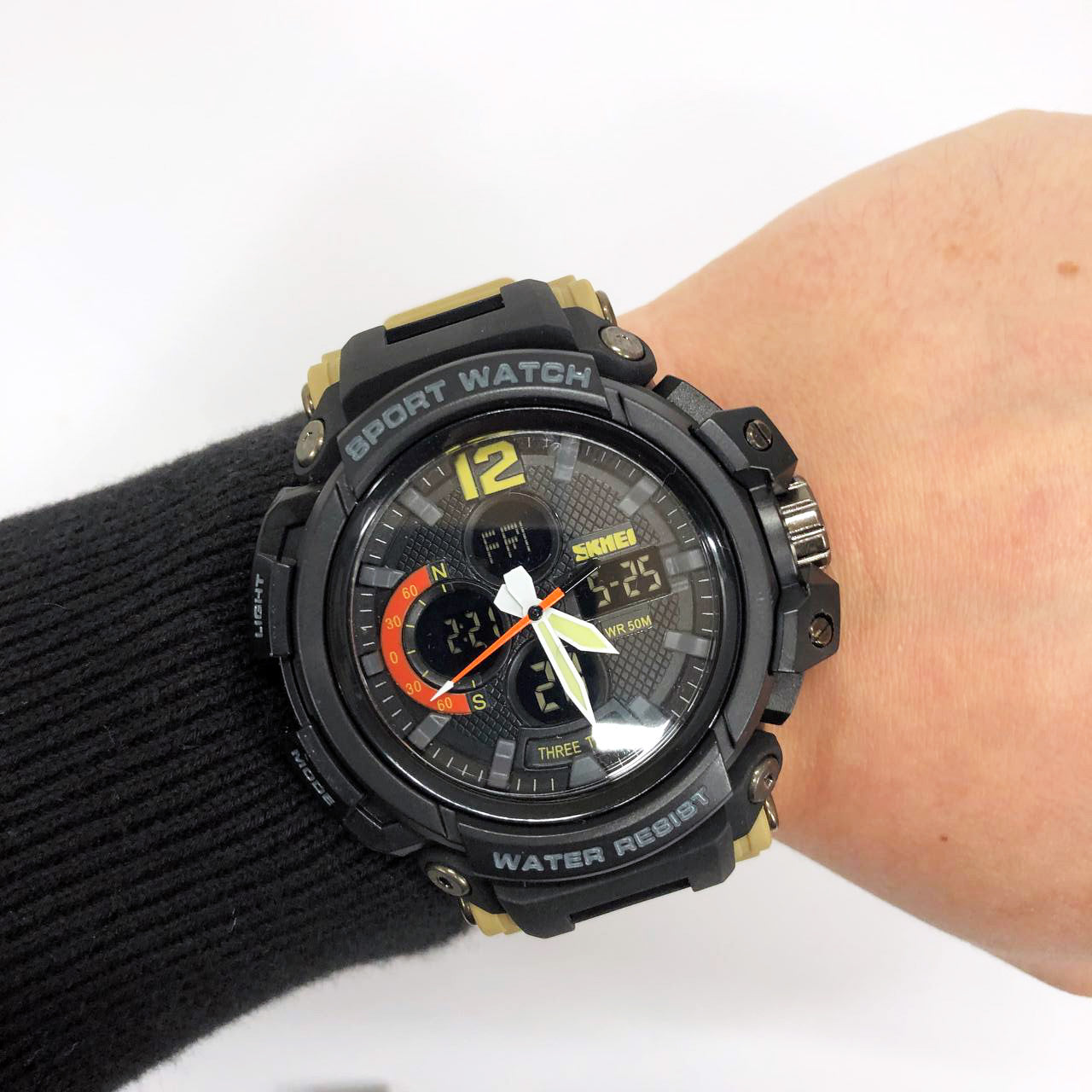 Часы наручные мужские SKMEI 1343KH KHAKI, водостойкие тактические часы. Цвет: хаки