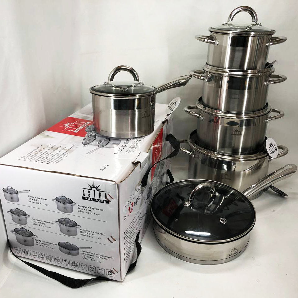 Набор посуды 12 предметов ASTRA A-2412, набор казанов, набор кастрюль из нержавеющей стали