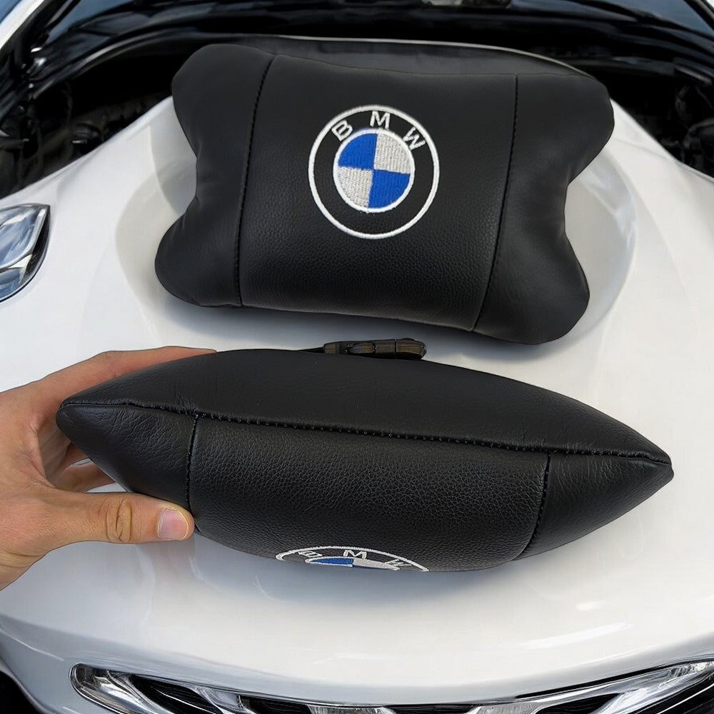 Авто подушки 2 шт — набор BMW из натуральной кожи, на подголовник в машину, Автомобильная подушка БМВ