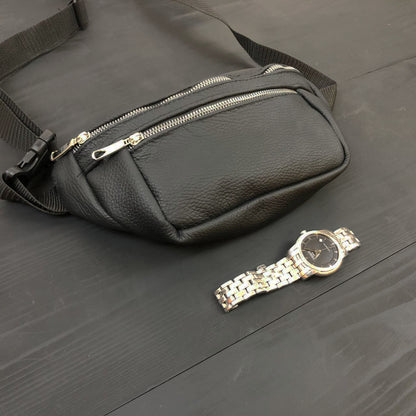 Бананка из натуральной кожи, сумка мужская-женская барсетка черная c серебряным замком