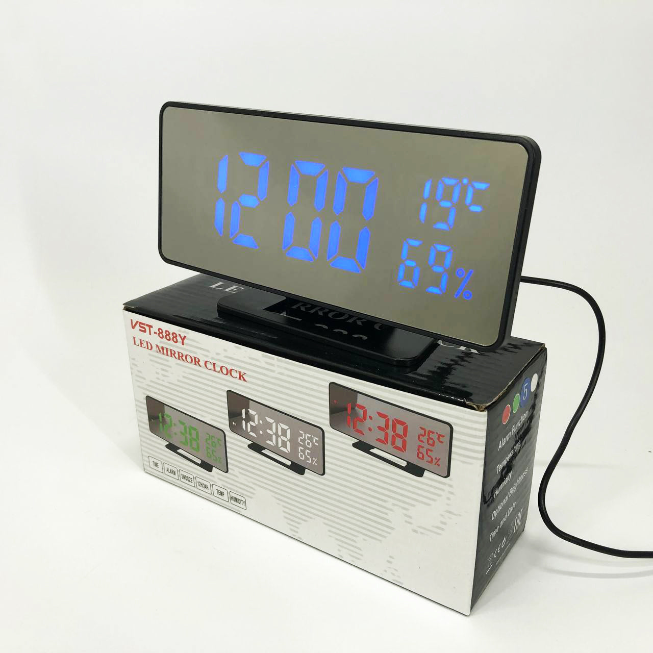 Часы настольные зеркальные VST-888Y-5 USB с синим циферблатом, Настольные часы с подсветкой