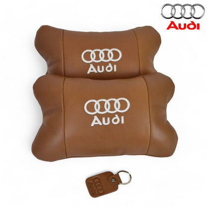 Набор из двух подушек на подголовник Audi, из натуральной коричневой кожи, Подарок мужчине водителю