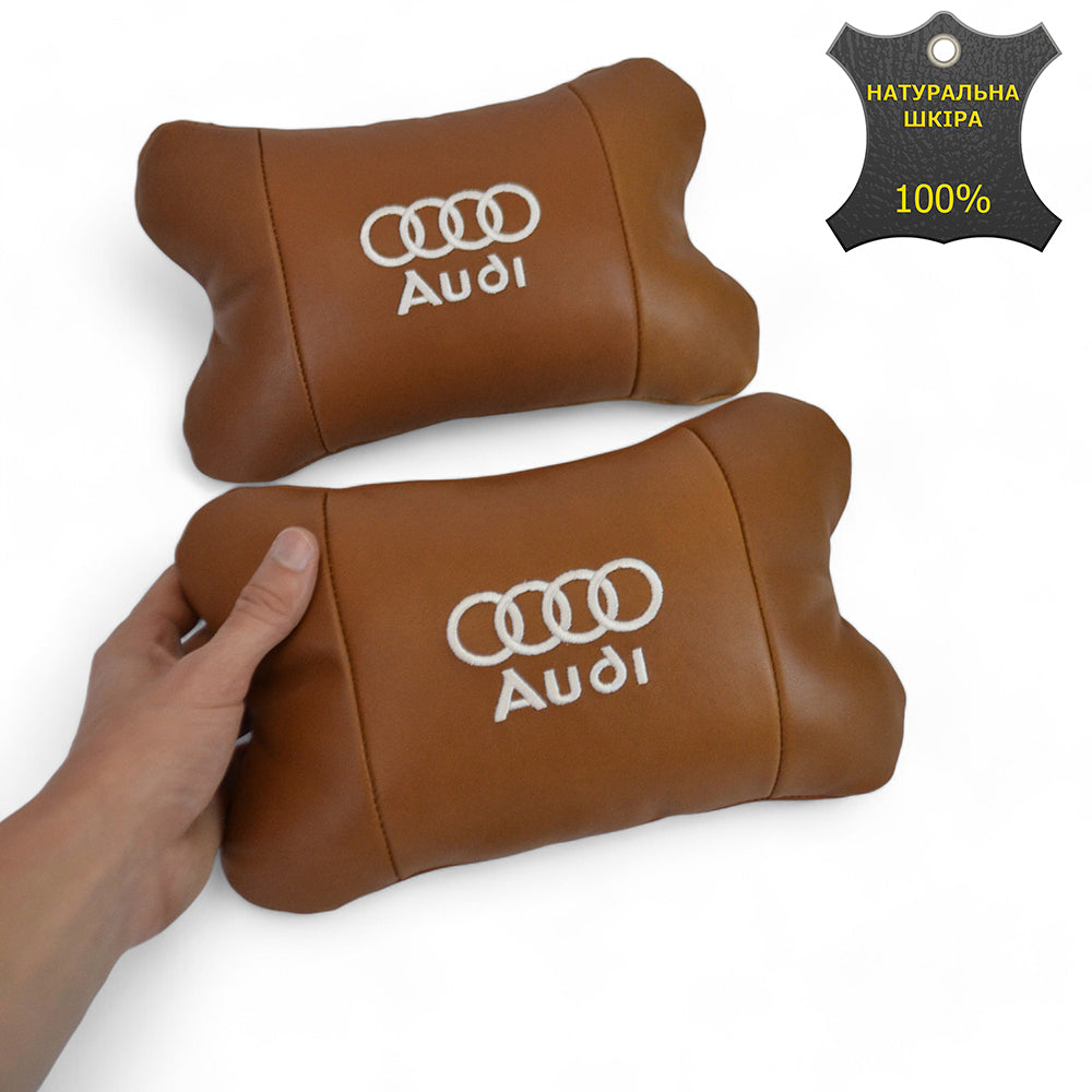 Набор из двух подушек на подголовник Audi, из натуральной коричневой кожи, Подарок мужчине водителю