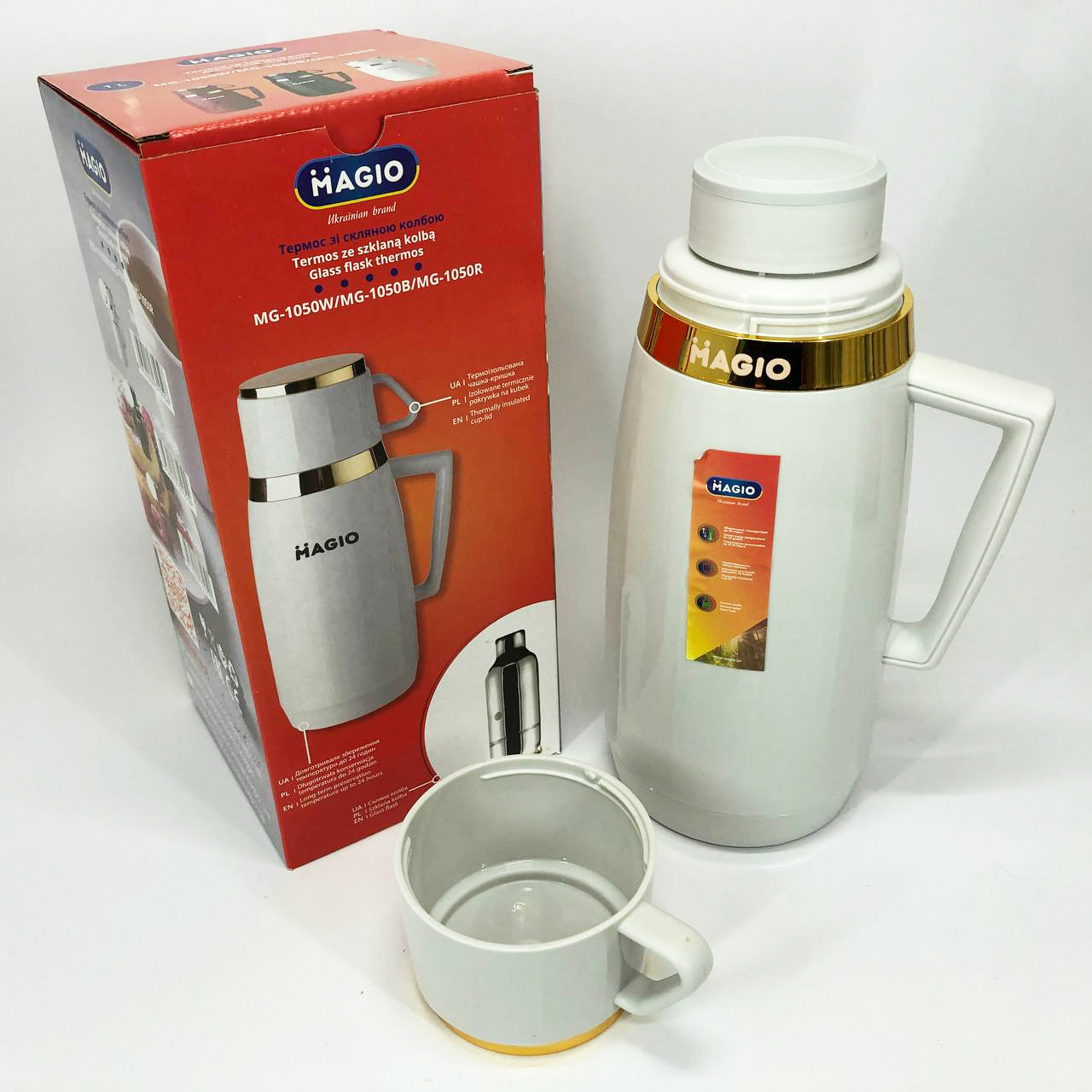 Термос Magio MG-1050W со стеклянной колбой, Хороший небольшой термос, для питьевой воды. Цвет: белый