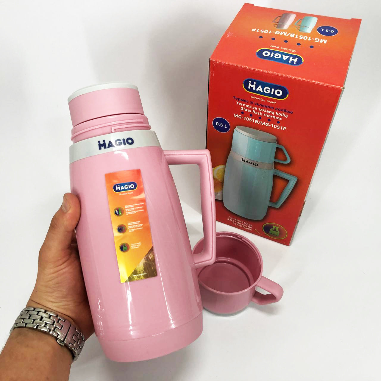 Термос Magio MG-1051P со стеклянной колбой, Термос для питьевой воды, термос для дома. Цвет: розовый