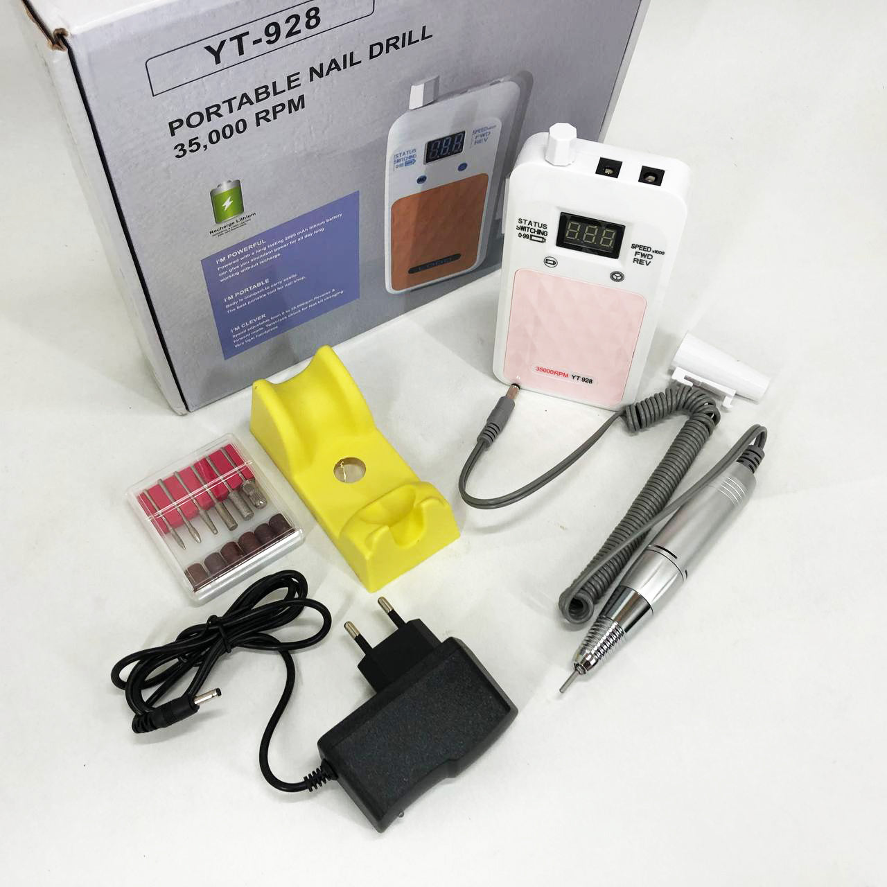 Портативный Фрезер для ногтей Nail Drill YT-928 аккумуляторный с индикатором заряда на 35 000 оборотов. Цвет: белый