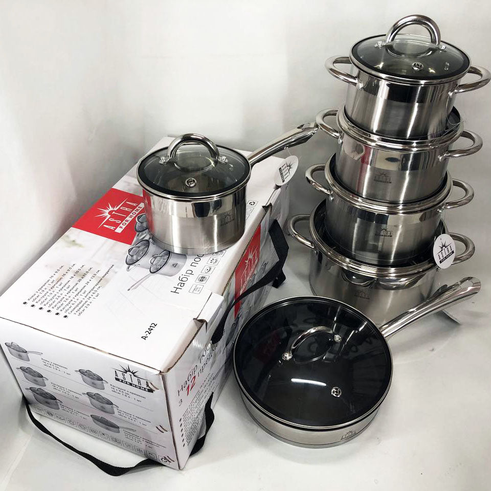 Набор посуды 12 предметов ASTRA A-2412, набор казанов, набор кастрюль из нержавеющей стали