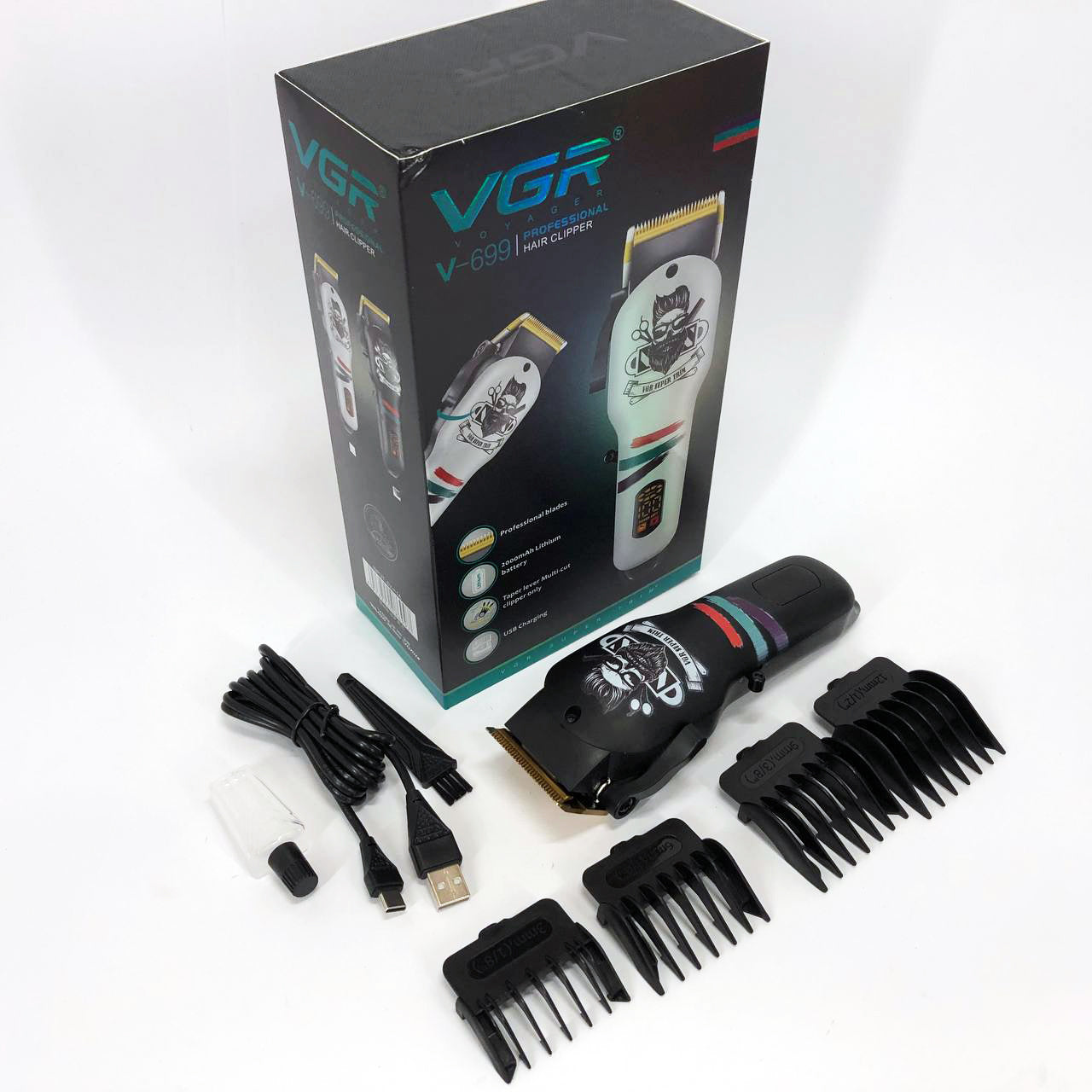 Машинка для стрижки волос и бороды профессиональная VGR V-699 с насадками и LED дисплеем. Цвет: черный