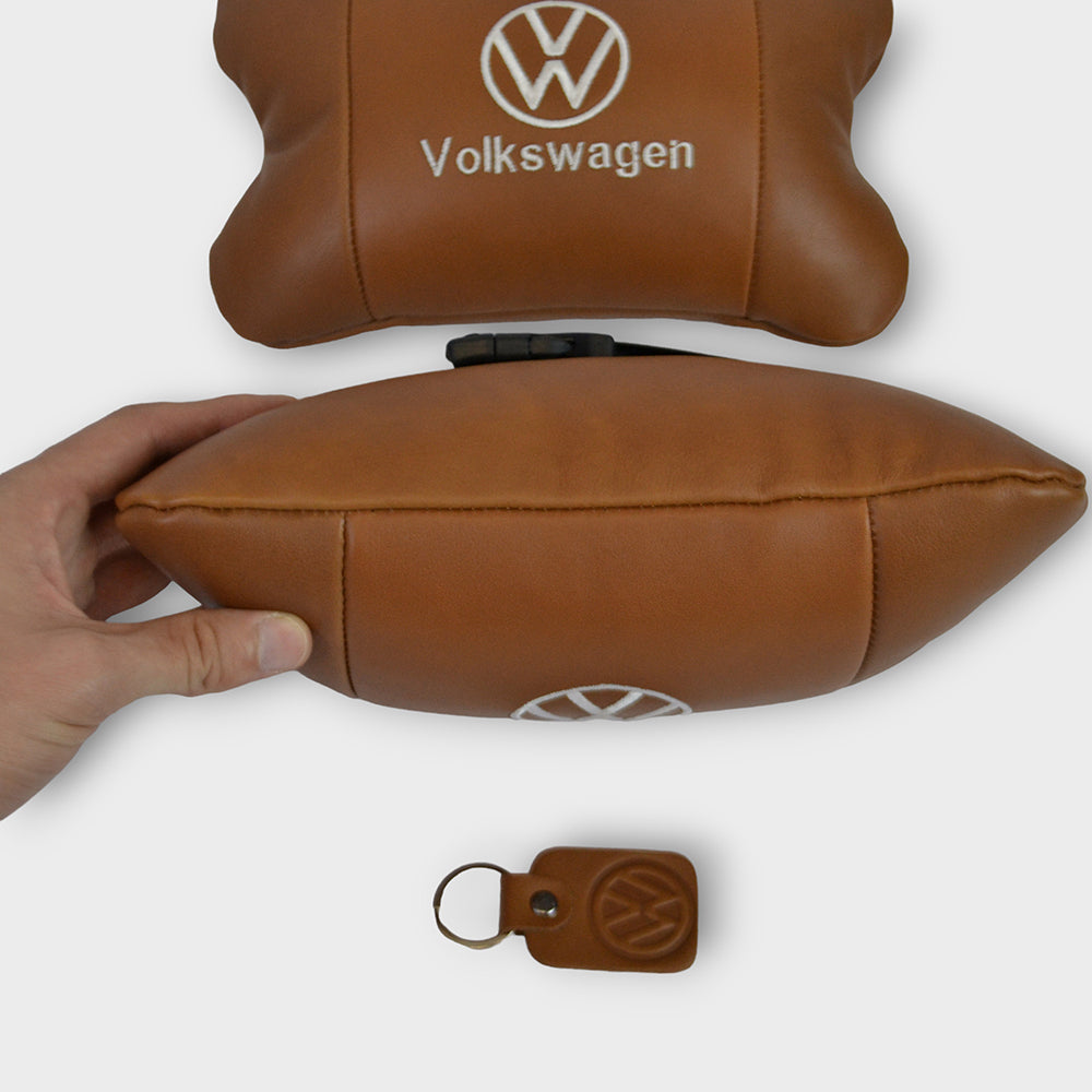 Набор подушек 2шт для автомобиля Volkswagen из натуральной коричневой кожи. Подушки на подголовник