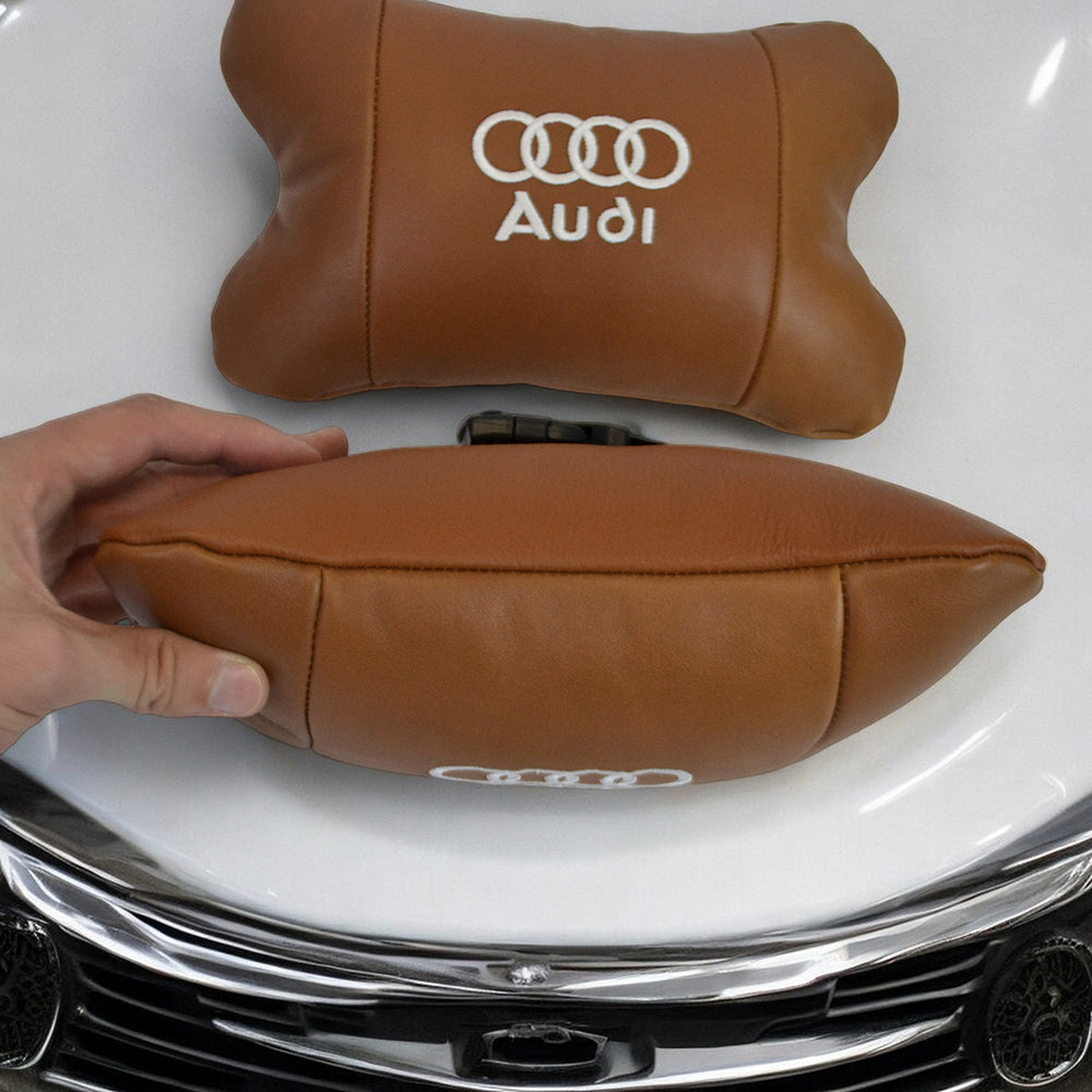Набор из двух подушек на подголовник Audi, из натуральной коричневой кожи, Подарок мужчине водителю