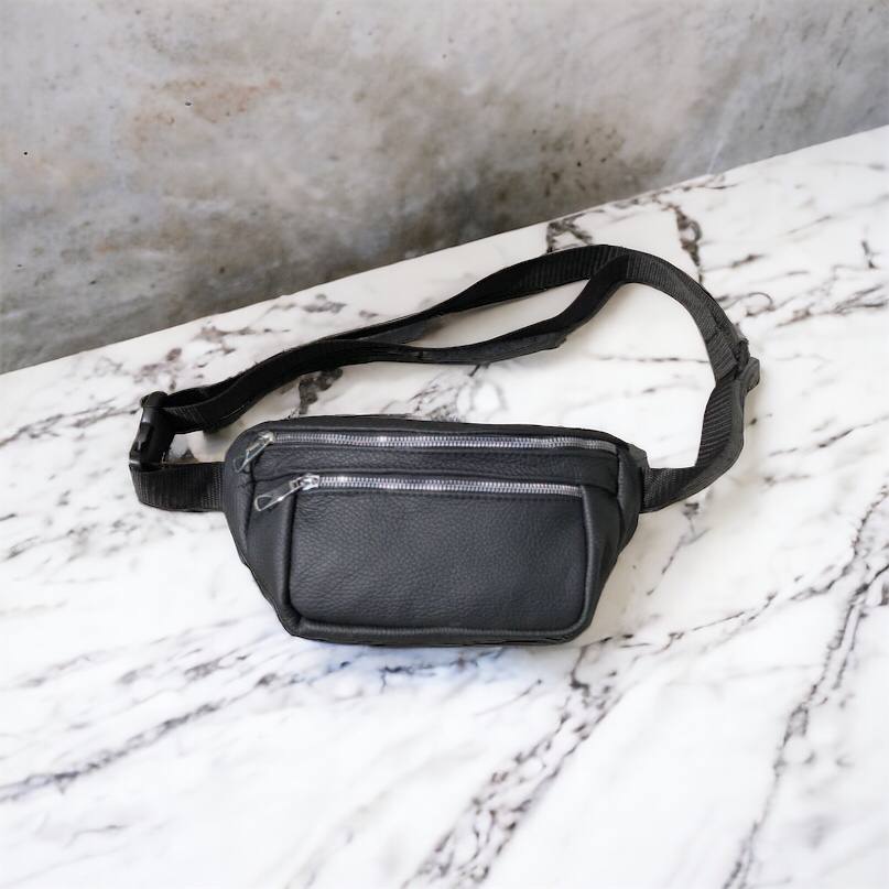 Бананка из натуральной кожи, сумка мужская-женская барсетка черная c серебряным замком