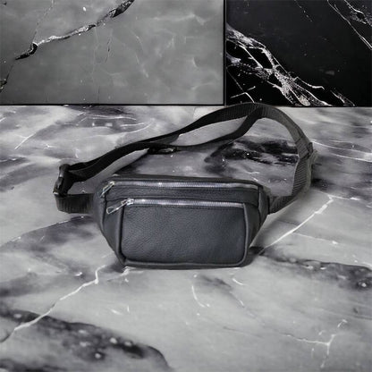 Бананка из натуральной кожи, сумка мужская-женская барсетка черная c серебряным замком