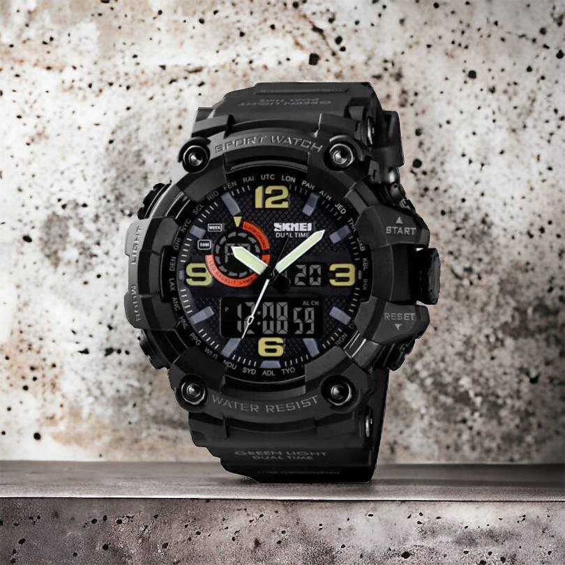 Часы наручные мужские SKMEI 1520BK BLACK, армейские часы противоударные. Цвет: черный