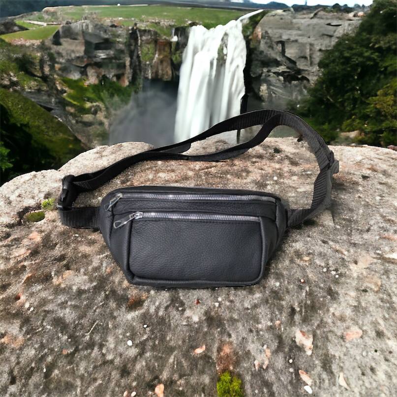 Бананка из натуральной кожи, сумка мужская-женская барсетка черная c серебряным замком