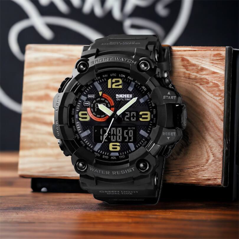 Часы наручные мужские SKMEI 1520BK BLACK, армейские часы противоударные. Цвет: черный