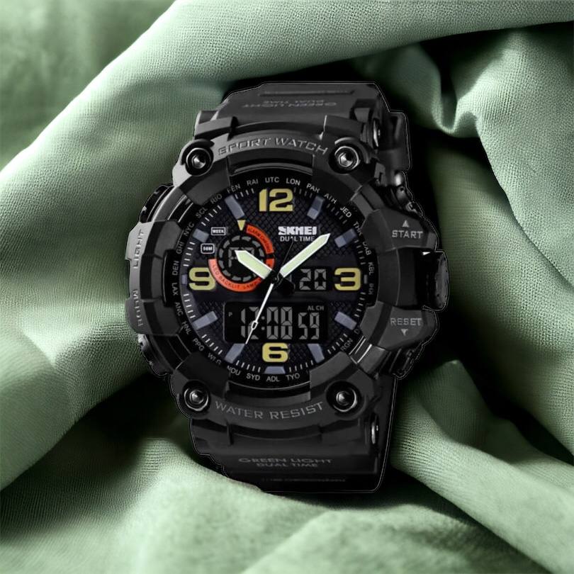 Часы наручные мужские SKMEI 1520BK BLACK, армейские часы противоударные. Цвет: черный